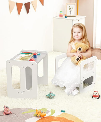 Kids Table and Chair Set, 3-in-1 Wooden Children's Furniture, Water Resistant, Easy to Clean,Toddler Weaning Table for Bedroom, Playroom, Living Room (Grey and White)