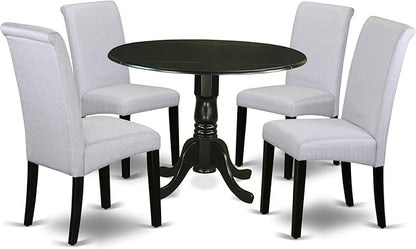 East West Furniture DLBA5-BLK-05 5 Piece Dining Set Includes a Round Dining Room Table with Dropleaf and 4 Grey Linen Fabric Upholstered Parson Chairs, 42x42 Inch, Black