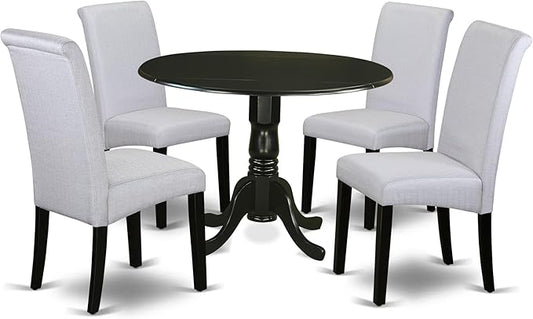 East West Furniture DLBA5-BLK-05 5 Piece Dining Set Includes a Round Dining Room Table with Dropleaf and 4 Grey Linen Fabric Upholstered Parson Chairs, 42x42 Inch, Black