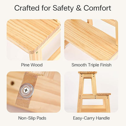 StrongTek Wooden Step Stool for Adults, 2-Tier, 300 lbs Capacity, Durable and Lightweight, Portable with Anti-Slip Feet, for Kitchen, Bathroom, Bedroom, or Closet, 17" Tall