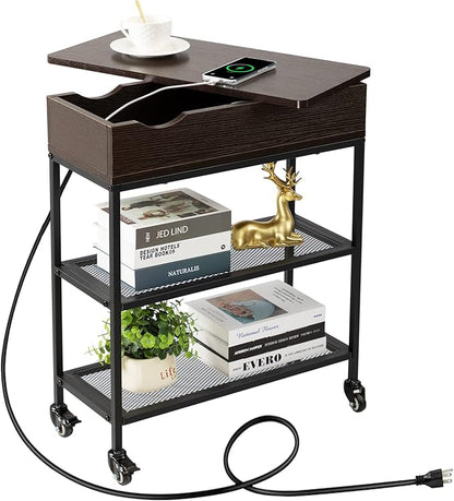 Hadulcet End Table with Charging Station & Rotating Top, Couch End Table, Rotating Swivel Top Side Table for Living Room & Bedroom, Narrow Rolling Side Table on Wheels, Skinny Nightstand, Black Walnut