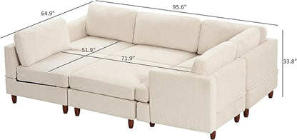 127.5" L/U-Shaped Sectional Couch with Movable Ottoman & 6 Removable Back Cushion, Corduroy Fabric Upholstered 6 Seat Modular Sleeper Sofa,DIY Free Combination Couches for Living Room,Beige