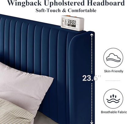 Allewie King Size Velvet Bed Frame/Vertical Channel Tufted Wingback Headboard/Upholstered Platform Bed/Strong Wooden Slats/No Box Spring Needed/Easy Assembly/Blue