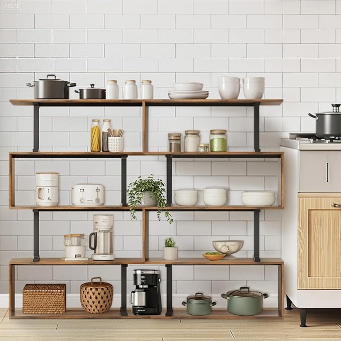 5-Tier Geometric Bookshelf, S Shaped Bookcase, 31.5" W x 58.3" H Wood Decorative Storage Shelving, Modern Freestanding Display Shelves, Tall Book Shelf Unit for Living Room Bedroom