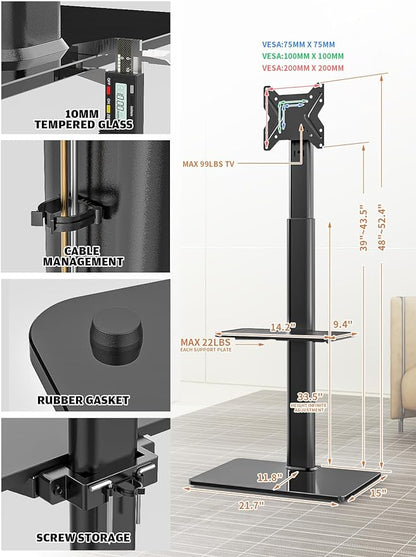 Universal Floor TV Stand with Mount for 19 to 43 inch Flat Screen TV, 100 Degree Swivel,Adjustable Height and Tilt Function, 2 Shelves Space Saving Standing TV Mount for Bedroom Living Room Corner