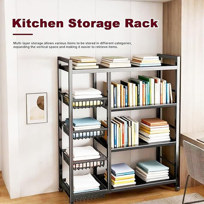 4-Tier Versatile Metal Storage Rack,Vegetable Fruit Basket Kitchen Storage Rolling Cart on Wheels, Kitchen Storage Shelf with 4 Removable Mesh Baskets,Can be Used in Bedrooms,Kitchens,Living Rooms