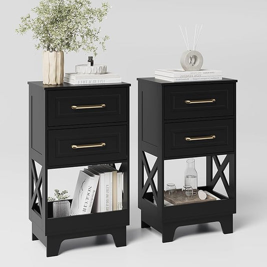 Tall Nightstand Set of 2 Side Table with 2 Drawers Modern Night Stand Wooden End Table Bedside Table with Below Open Shelf Solid Feet for Bedroom, Living Room, Black