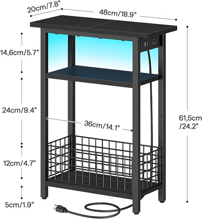 HOOBRO Narrow Side Table with Charging Station and LED Light, Small End Table with Storage, Skinny Nightstand with USB Port, Slim Bedside Table for Small Spaces, Living Room, Black BB242UDBZ01