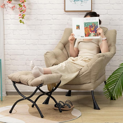 HollyHOME Fabric Lazy Chair with Foldable Ottoman, Accent Comfy Lounge Arm Chair and Folding Footrest Stool Set, Leisure Sofa Reading Chair and Footstool for Living Room, Bedroom, Dorm, Coffee&White
