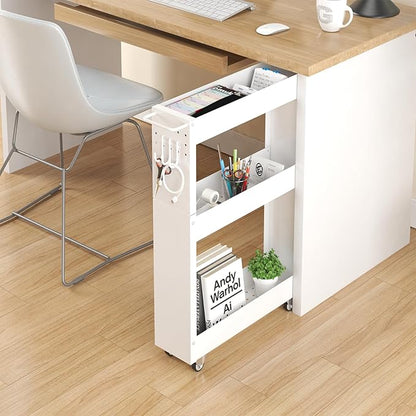 Slim Storage Cart, 5 in Width, 3-Tier White Rolling Cart with Handle for Kitchen Bathroom Laundry Narrow Places