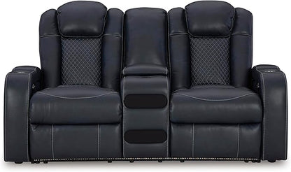 Signature Design by Ashley Fyne-Dyme Contemporary Power Reclining Loveseat with Console, USB Charging Ports and Adjustable Headrest, Blue