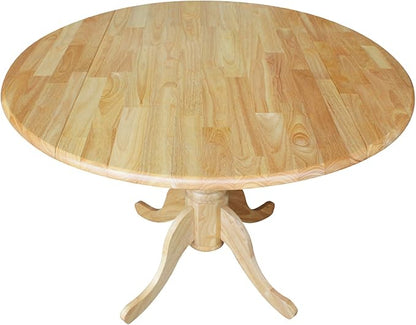 IC International Concepts, 42" Round Dual Drop Leaf Pedestal Dining Table, Solid Real Wood, Sturdy Parawood, Natural