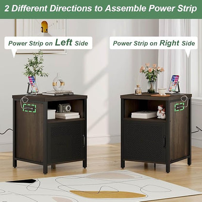 FATORRI End Table with Storage, Rustic Side Table for Living Room, Narrow Wood and Metal Bedside Tables with Door (Walnut Brown)