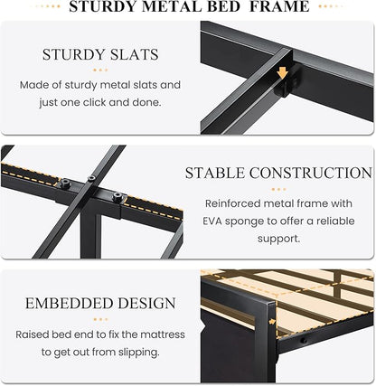 SHA CERLIN Queen Size Bed Frame with Modern Headboard, Heavy Duty Platform Metal Base with Square Footboard and 13 Strong Slats Support, No Box Spring Needed, Black