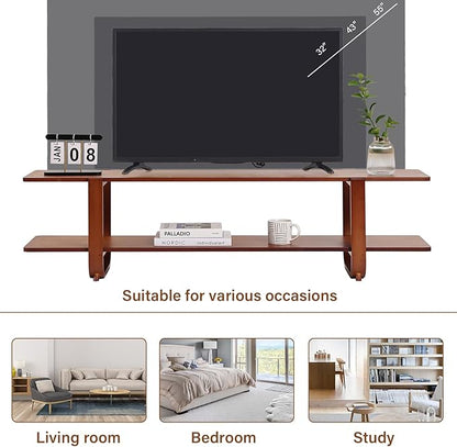 Tiita TV Stand with Storage for TVs up to 65'', Bamboo TV Console Entertainment Center with 2 Open Shelf, Mid Century Modern Media Console for Living Room, Bedroom, Walnut