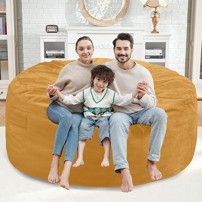 5FT Bean Bag Chair, Large Bean Bag Chairs with Memory Foam Filled, Fluffy Beanbag Sofa with Dutch Velvet Cover, Round BeanBag Chairs for Living Room, Playroom - Mustard