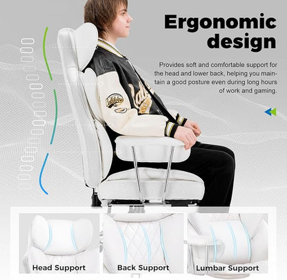 COMHOMA Big and Tall Office Chair, High Back Leather Gaming Chairs with Footrest, Executive Ergonomic Office Chair with Pocket Spring Lumbar Support and with Outward Fixed Soft Armrests