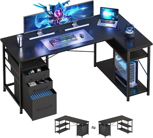 55" Computer Desk with Drawers, Desks for Bedrooms, Writing Desk with Storage, Work Desk for Small Space, Black
