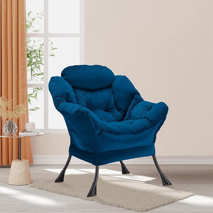 Lazy Chair Thick Padded, Comfy Velvet Accent Lounge Chair with Stable Frame, Leisure Sofa Armchair with Armrests and Side Pocket, Reading Chair for Bedroom, Living Room, Office, Blue
