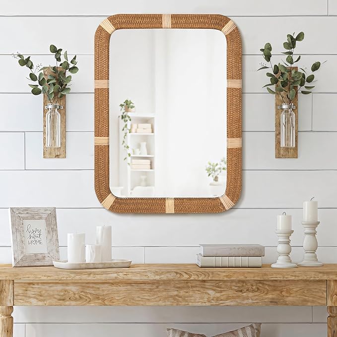 ULIKE Rectangle Rattan Wall Mirror, 22x30 Inch Rustic Farmhouse Wall Decor with Wicker Frame, Boho Mirror for Nursery Bathroom Bedroom Living Room Entryway