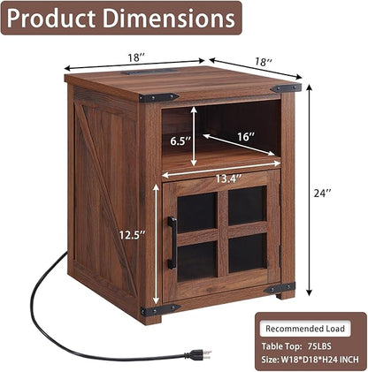 Farmhouse Nightstand with Charging Station, Rustic End Table with Tempered Glass Barn Door, Wood Sofa Side Bedside Table with Open Storage Shelf for Living Room, Bedroom, Brown