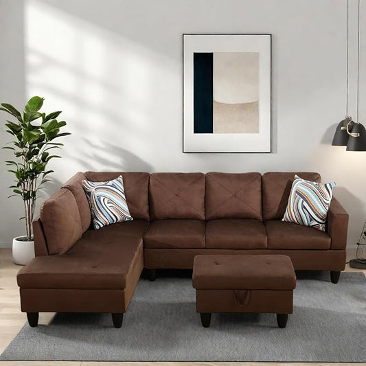 Modern Living Room Furniture Sets with Pillows, Modular Sectional Couches with Chaise Lounge, 4-Seaters L Shape Sofa with Storage Ottoman, for Living Room, Microfiber, Brown