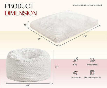 Hobestluk Bean Bag Chair Convertible Beanbag Chairs for Adults, 3 in 1 Bean Bags with Plush Chevron Cover, Adult Bean Bag Chair for Living Room, Bedroom (White, Full)