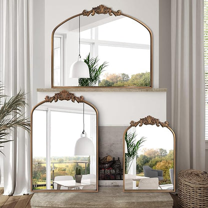 Antique Gold Arched Baroque Mirror 24x36 - Brass Finish Metal Frame, Intricately Carved Vertical Wall Mirror for Entryway, Living Room, Bathroom Vanity & Dining Room