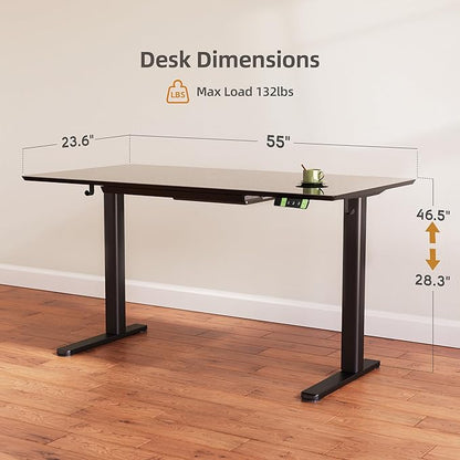 INNOVAR Glass Standing Desk with Drawers, 55×24 Inch Adjustable Stand Up Desk, Quick Install Home Office Computer Desk, Black