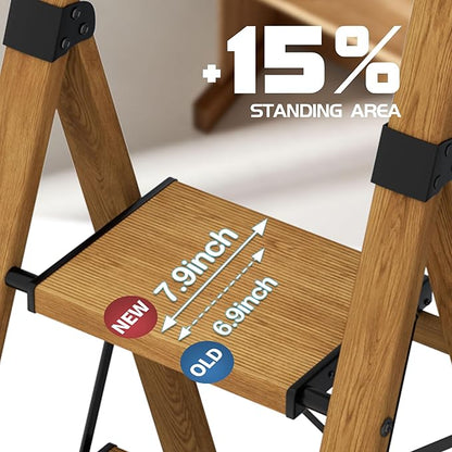 5 Step Step Ladder,Lightweight Folding Step Stool with Anti-Slip Aluminum Wide Pedal&Convenient Handgrip,Steel Ladder for Household and Office(Woodgrain)