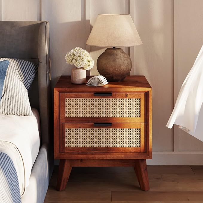 Bme Jasper Deluxe Solid Wood Rattan Nightstand Fully Assembled - Mid Century Modern Side Table with 2 Drawers - Multipurpose use for Living Room, Bedroom - Dark Chocolate