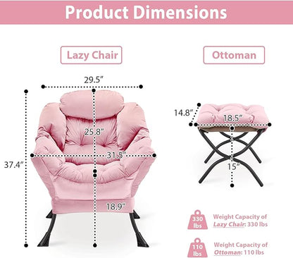 Lazy Chair with Folding Ottoman, Accent Chair Velvet Upholstered with Metal Structure and Non-Slip Pads, Sofa Armchair with Footrest and Side Storage Bag for Dorm, Room, Office, Pink