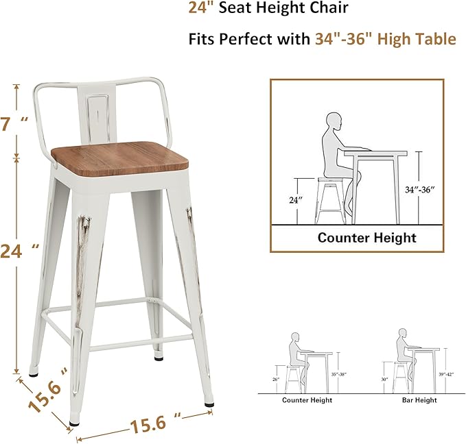 WENTMENT Bar Stools Set of 4, Industrial Style, Metal Frame, Distressed White, Wooden Seat, 24" H x 12.2" W x 15.6" D, 330 lbs Max Weight, Counter Height