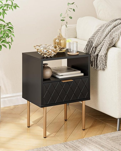 Nightstand,Morden Bedside Table with Gold Frame,Small White Night Stand,End Table,Bedside Furniture,Side Table with Drawer and Shelf for Bedroom,Living Room (1Drawer, Black-Square)