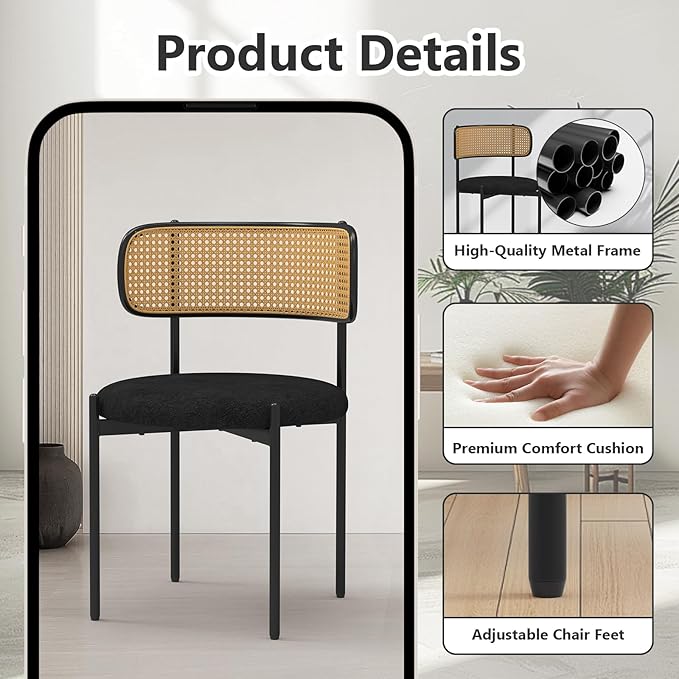 Mid Century Modern Dining Chairs Set of 2 with Rattan Backrest,Velvet Upholstered Accent Kitchen & Dining Room Chairs with Sturdy Metal Frame,Black