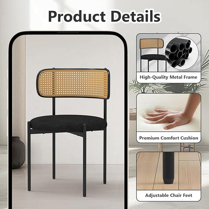 Mid Century Modern Dining Chairs Set of 2 with Rattan Backrest,Velvet Upholstered Accent Kitchen & Dining Room Chairs with Sturdy Metal Frame,Black