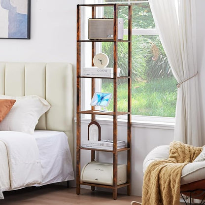 66in Tall Bookshelf 6-Tier Small Narrow Bookcase, Skinny Book Shelf for Small Space, Farmhouse Slim Shelf with Storage, Wood Freestanding Display Thin Bookshelves for Living Room, Office, Brown