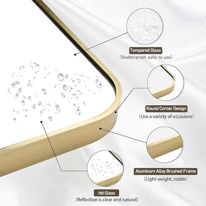 Gold Bathroom Mirror, 16x20 Inch Brushed Gold Aluminum Alloy Framed Rectangle Wall Mirror, Crystal Clear Reflection, Anti-Rust, Easy to Install Vertically or Horizontally