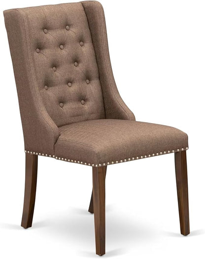 LEFO9-AWA-18-9-Piece Kitchen Table Set Includes a Breakfast Table and 8 Brown Linen Fabric Parson Chairs with Button Tufted Chair Back - Antique Walnut Finish.