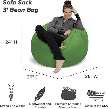Sofa Sack Bean Bag Chair - Plush, Ultra Soft - Memory Foam Bean Bag Chair with Microsuede Cover - Stuffed Foam Filled Furniture and Accessories for Dorm Room 3 Feet - Lime