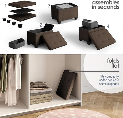 STORAGEBUD Storage Ottoman Cube with Small Bin, 16-in Square Ottoman with Storage for Living Room and Bedroom, Small Ottomans Foot Rest, Fabric Foot Stools Ottomans Max 330lbs, Brown