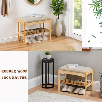latifolia Small Shoe Bench, Solid Wood Bench with Cushion, 2 Tier Shoe Storage Organizer for Entryway(Nature,23.62''L)