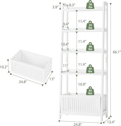 Bamjoy Bamboo White Bookshelf with Slatted Basket, Ladder Bookcase with 4 Display Shelves and 1 Open Storage Basket, Multifunctional Storage Rack Organizer for Home Office, Bedroom, Living Room, 66” H