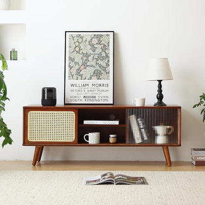 Tiita Rattan TV Stand for 55 Inch TV, Bamboo TV Cabinet with Adjustable Shelf and Storage, Boho Entertainment Center, Mid Century Modern Media Console for Bedroom, Living Room, Study, Walnut