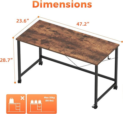 Rolling Computer Desk with Wheels, Gaming Desk for Small Spaces, Modern Simple Style Table for Home Office, Study Writing Table (Caster, Dark Brown, 48 inch)