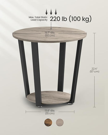 VASAGLE End Table, Round Side Table with Storage Shelf, Easy Assembly, Industrial Accent Furniture with Steel Frame, Heather Greige and Black ULET057B02