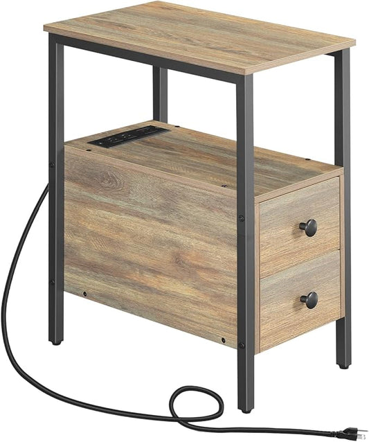HOOBRO End Table with Charging Station, Narrow Side Table with 2 Drawer & USB Ports & Power Outlets, Nightstand for Small Spaces, for Living Room, Bedroom, Sapphire Brown UC541BZ01