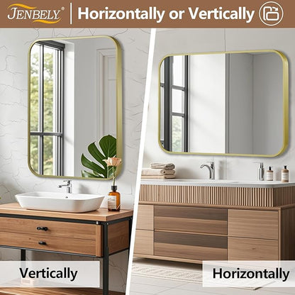30x36 Inch Gold Mirror, Framed Rectangle Mirror with Rounded Corner, Brushed Brass Mirror, Gold Bathroom Mirror for Over Sink, Vanity, Living Room, Bedroom, Horizontal/Vertical