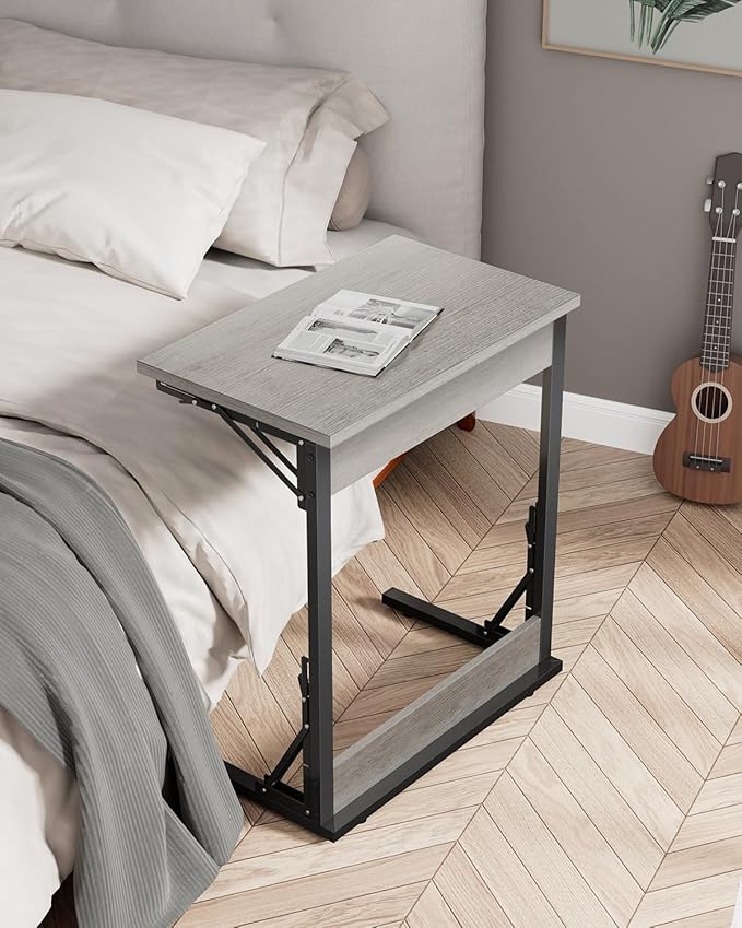 Tatub 24" Wide Folding C-Shaped End Table, Small Side Desk for Couch, Sofa TV Tray Table with Metal Frame for Living Room, Bedroom, Ivory White