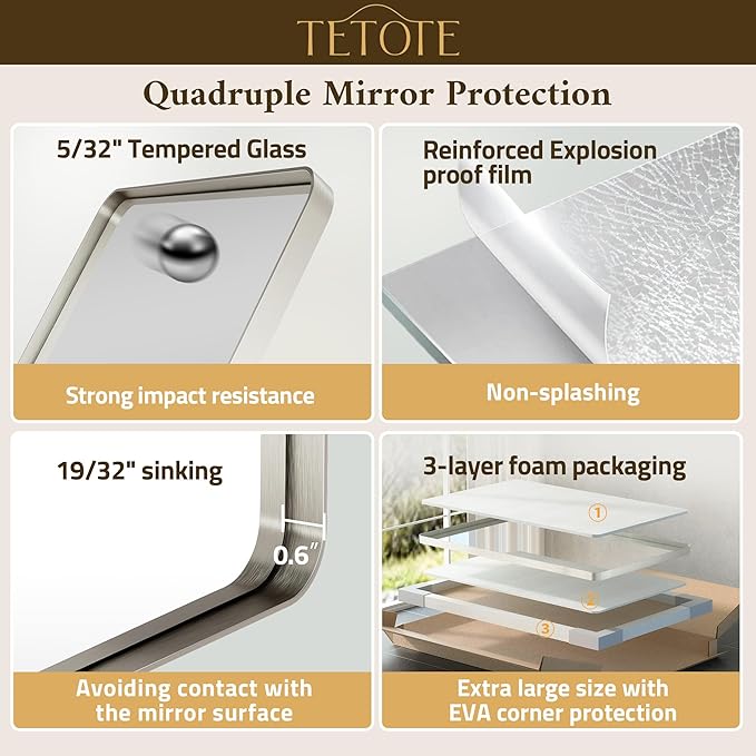 TETOTE 55 x 36 Inch Brushed Nickel Mirror Metal Framed Bathroom Mirror, Tempered Glass, Modern Farmhouse Wall Mounted Mirror for Decorative(Horizontal/Vertical)